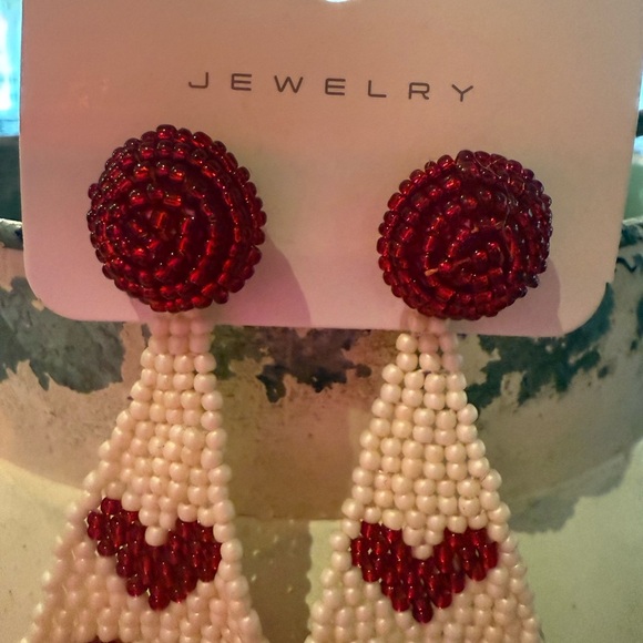 Red and White Beaded Heart Earrings - Picture 3 of 5